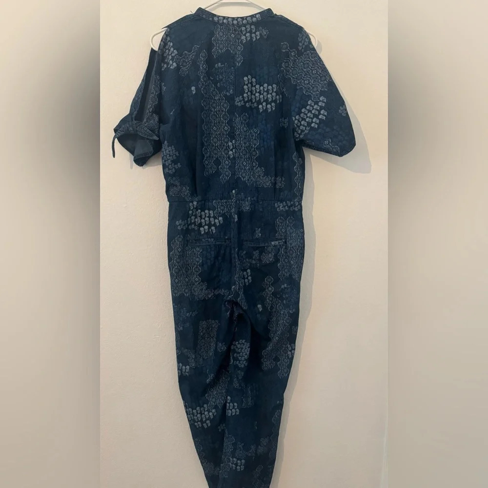 Free People Indigo Daze Denim Chambray Printed Jumpsuit Tie Sleeves Boho Size XS - Picture 2 of 13